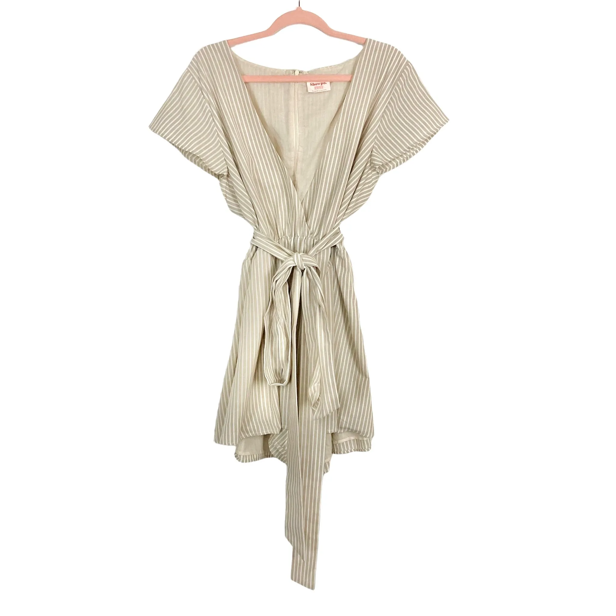 Showpo Beige Stripe Top it Off Tie Front Playsuit- Size 14