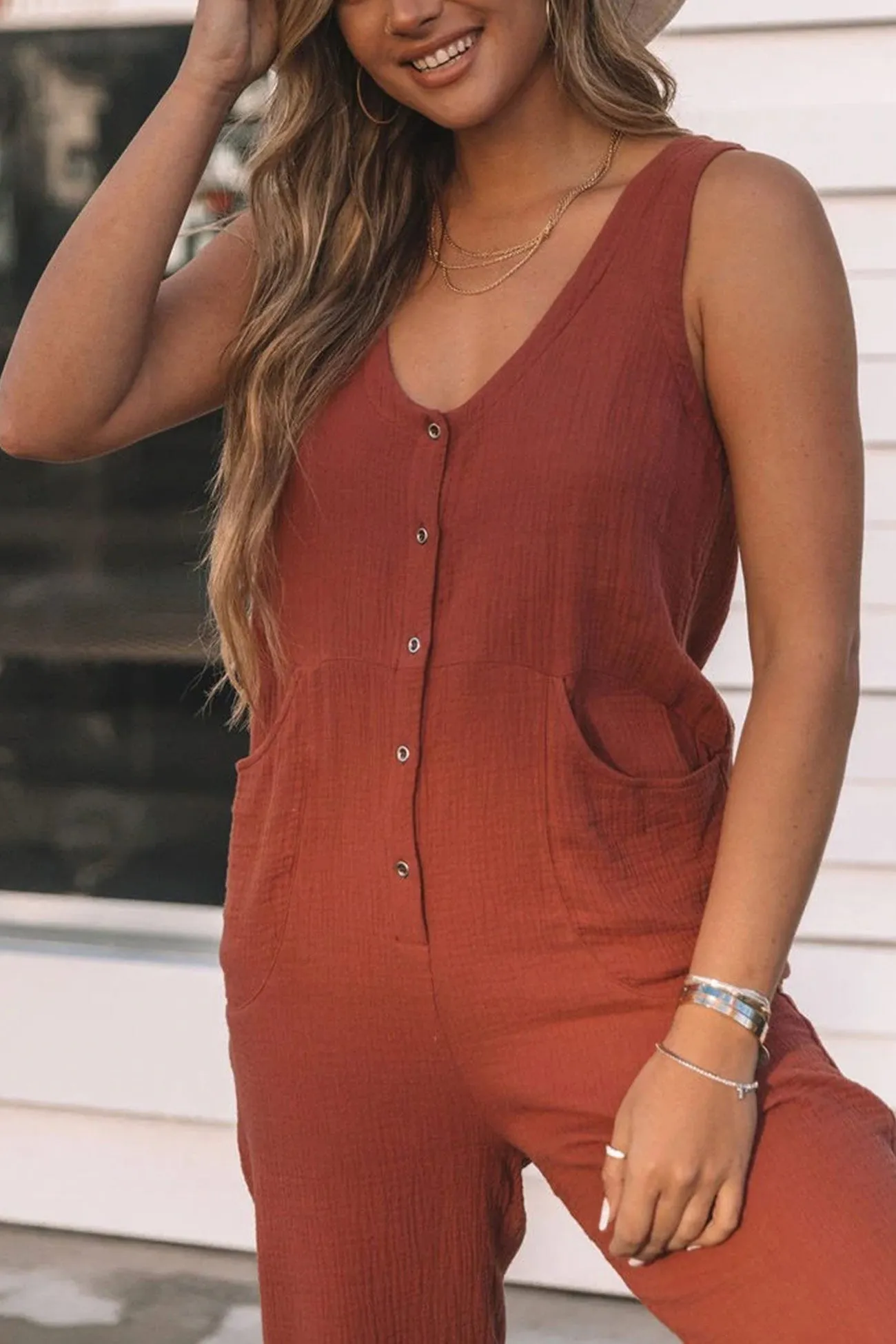 Single-breasted High Waist Sleeveless Jumpsuits