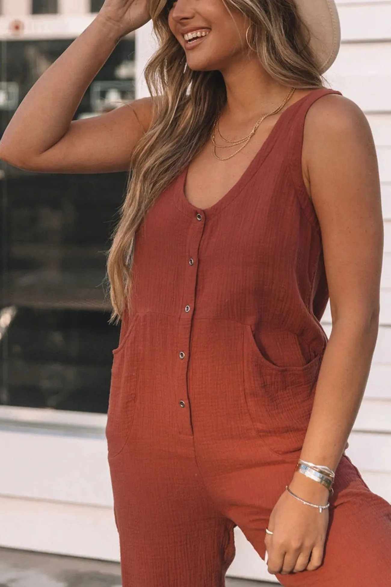 Single-breasted High Waist Sleeveless Jumpsuits