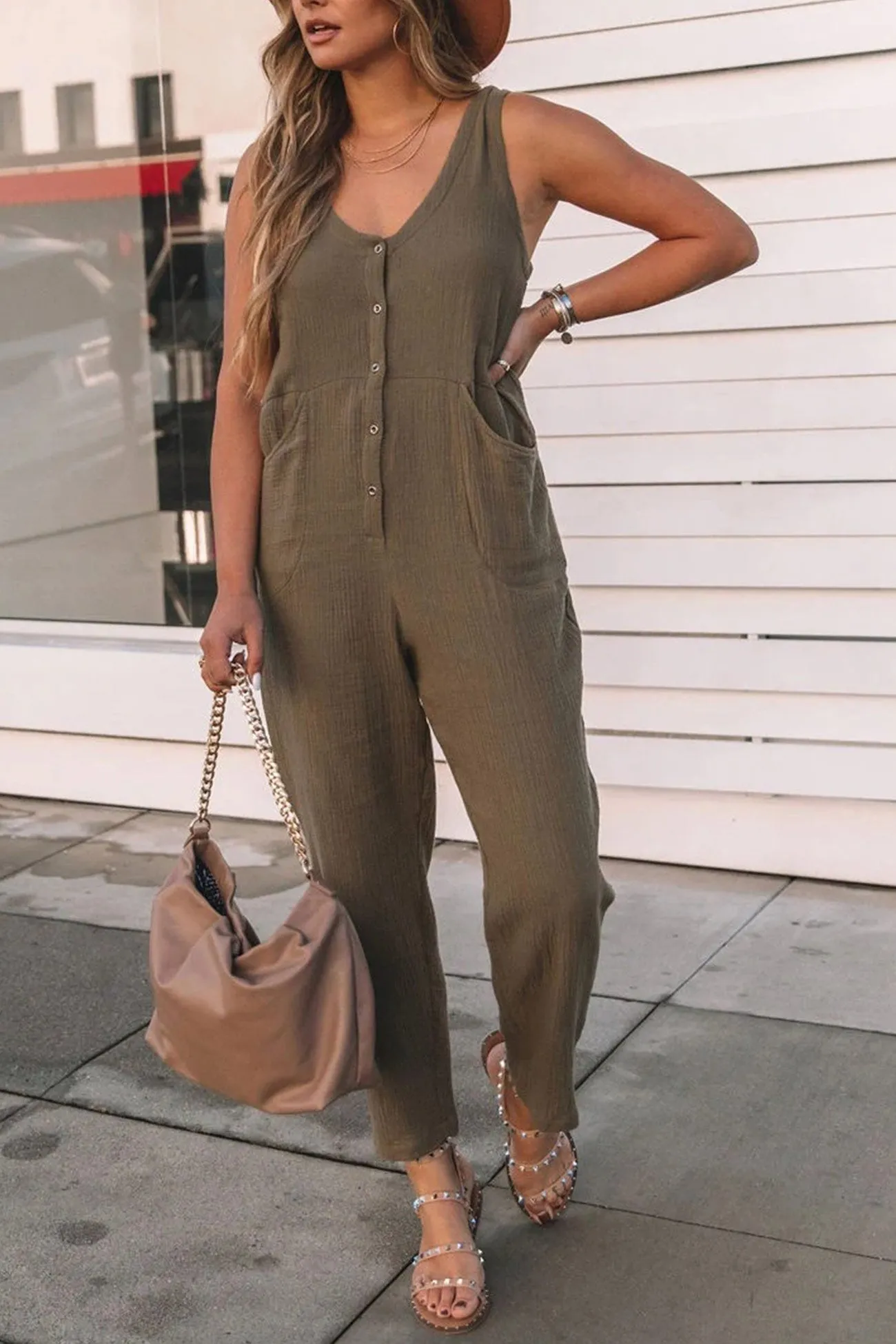 Single-breasted High Waist Sleeveless Jumpsuits