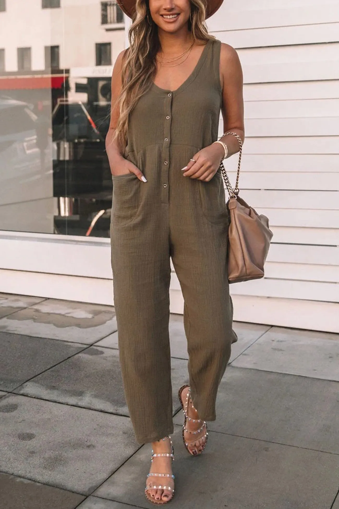 Single-breasted High Waist Sleeveless Jumpsuits