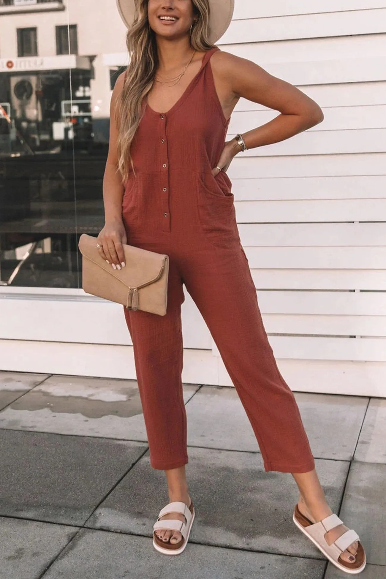 Single-breasted High Waist Sleeveless Jumpsuits