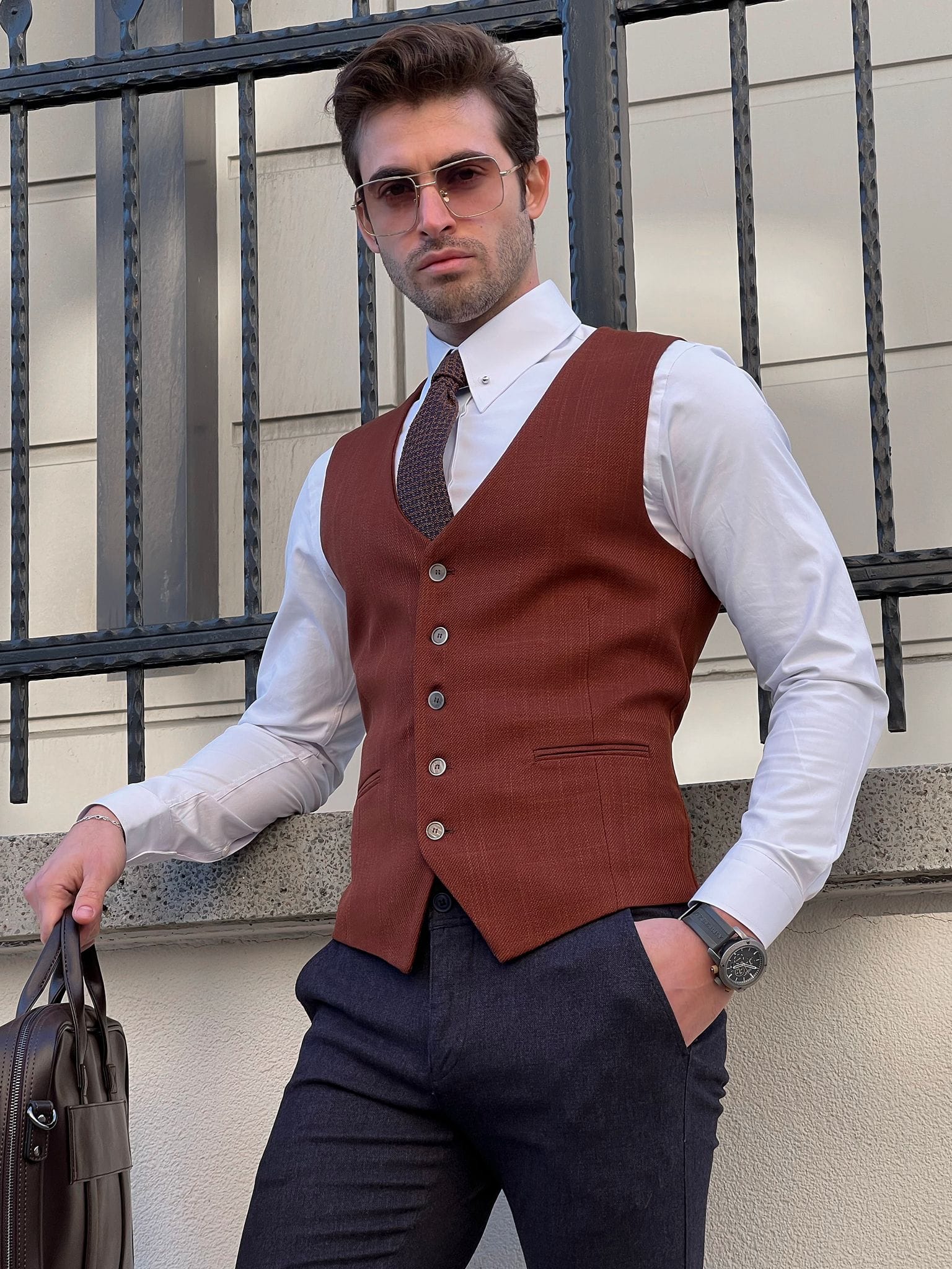 Slim Fit Wool Tile Brown Men’s Waistcoat