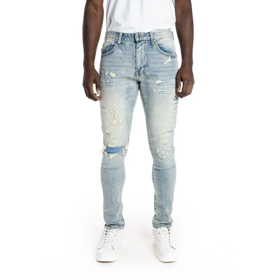 Slim Tapered Rip And Repair Jeans - Bowery Blue