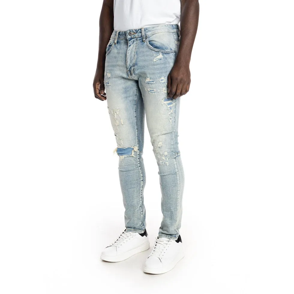 Slim Tapered Rip And Repair Jeans - Bowery Blue