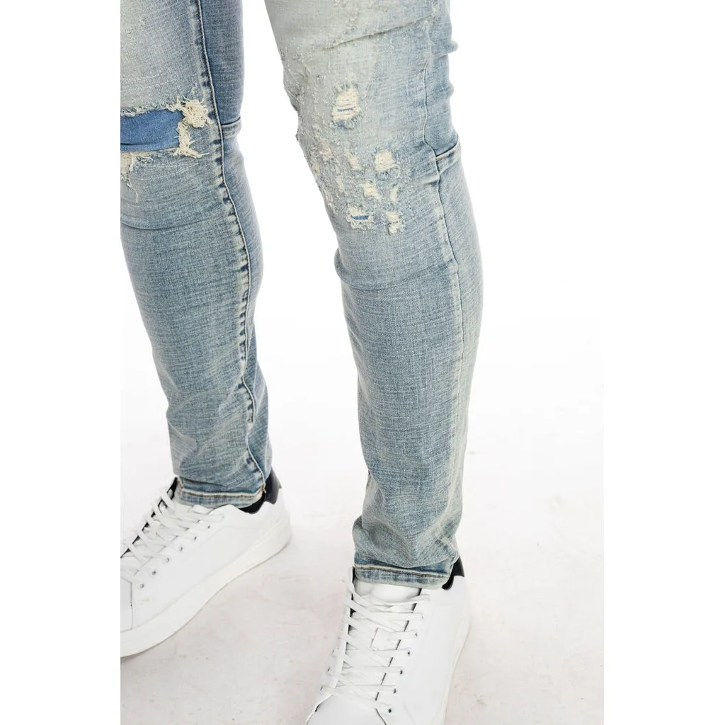 Slim Tapered Rip And Repair Jeans - Bowery Blue