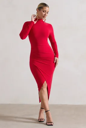 Soha | Red High-Neck Wrap Midi Dress