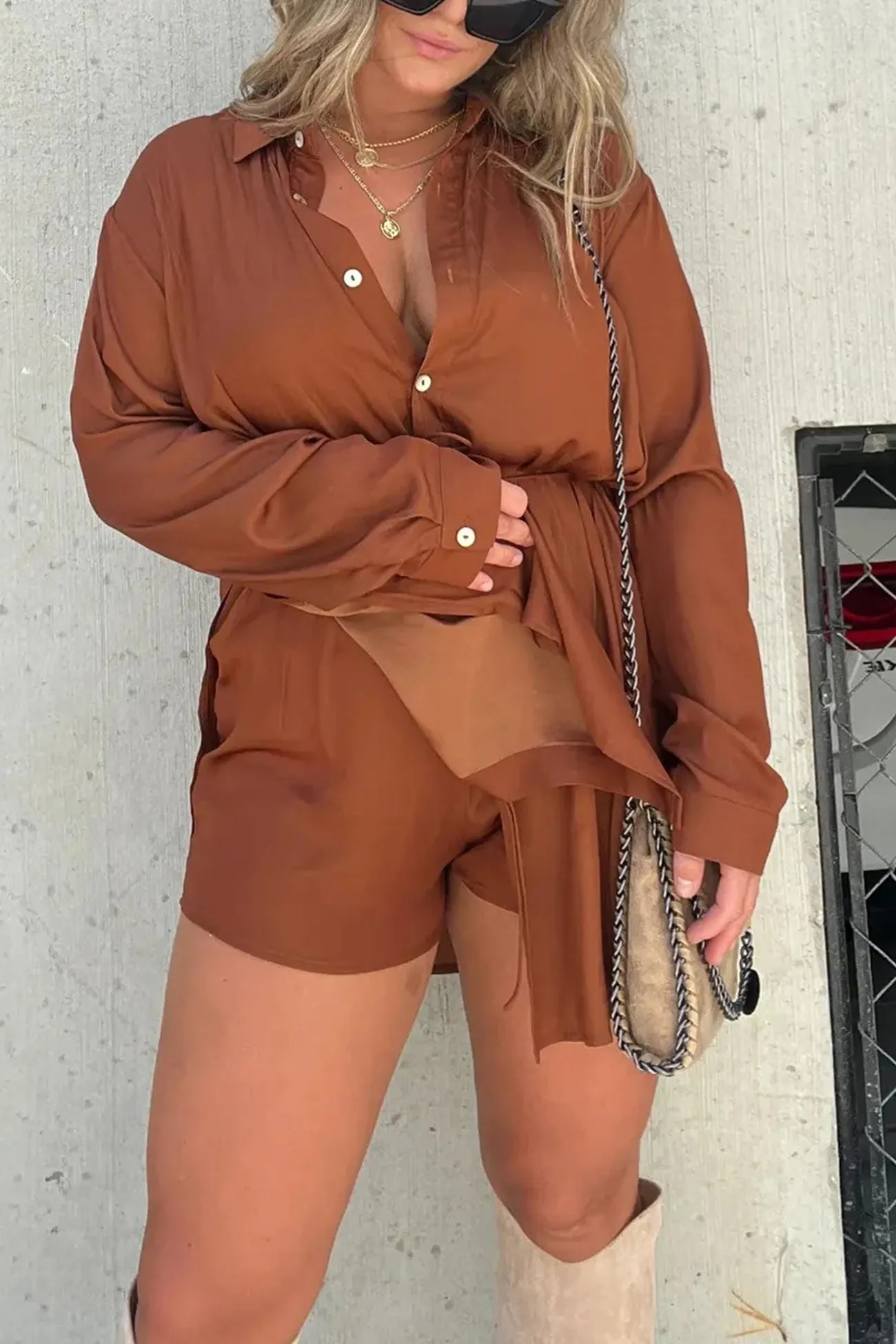 Solid Fake Two-piece Blouse Rompers