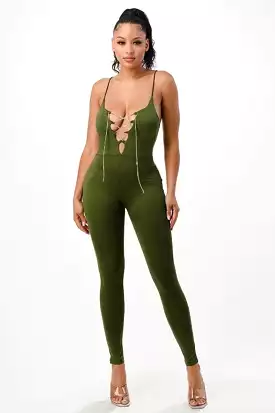 Spaghetti Strap V Front Lace Up Jumpsuits