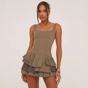 Square Neck Pleated Hem Detail Playsuit In Khaki Green Woven