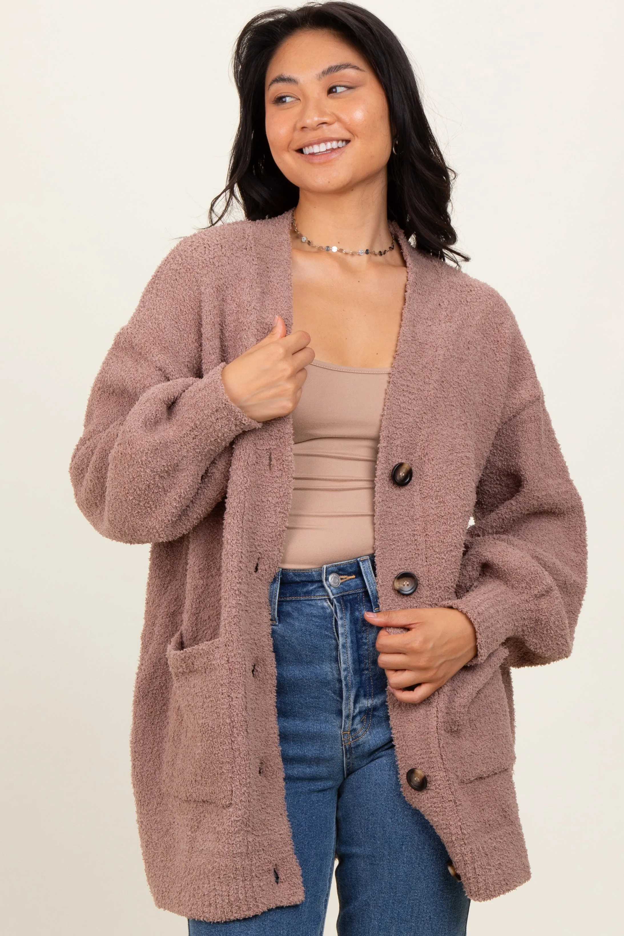 Taupe Fuzzy Knit Oversized Button Up Cardigan