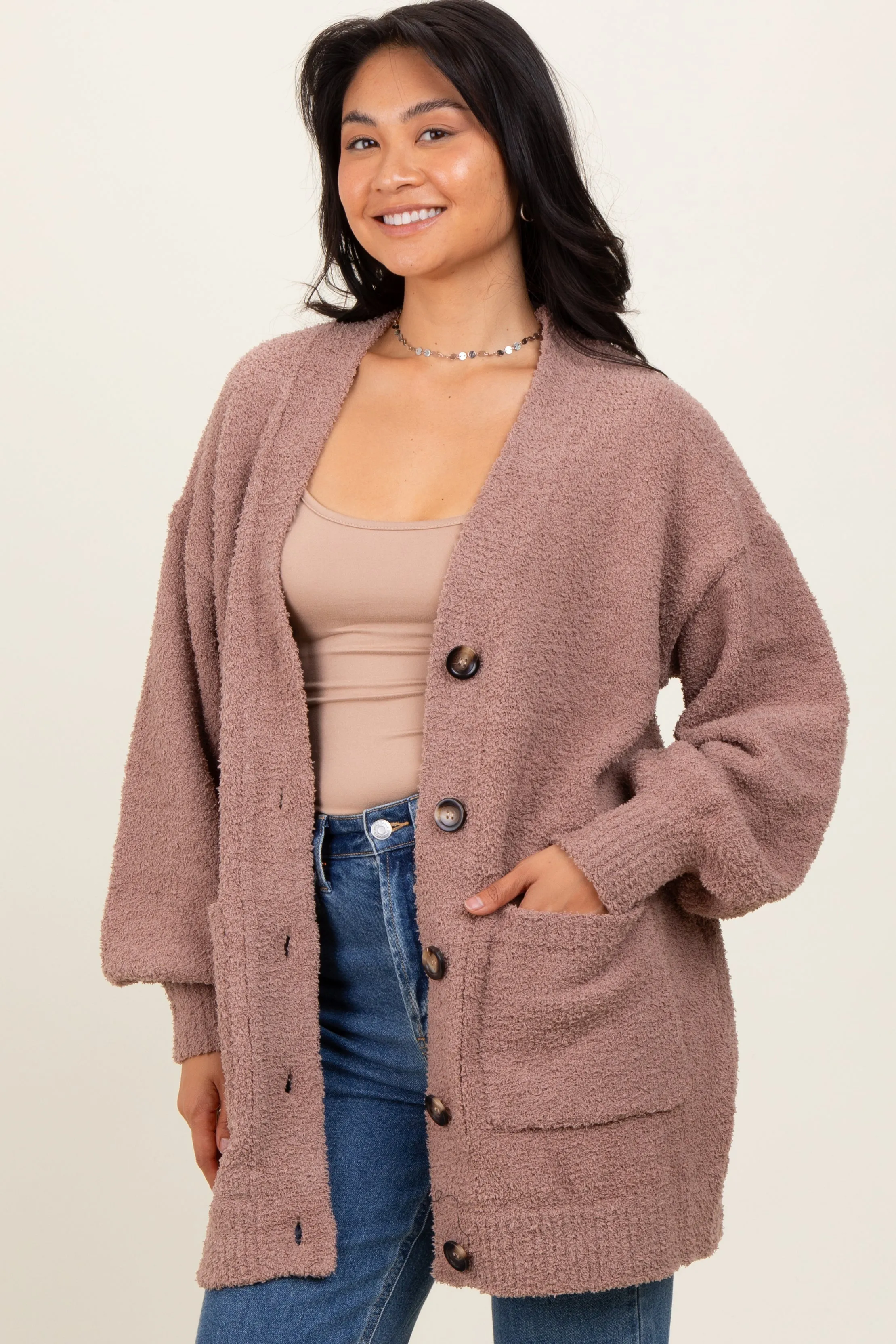 Taupe Fuzzy Knit Oversized Button Up Cardigan