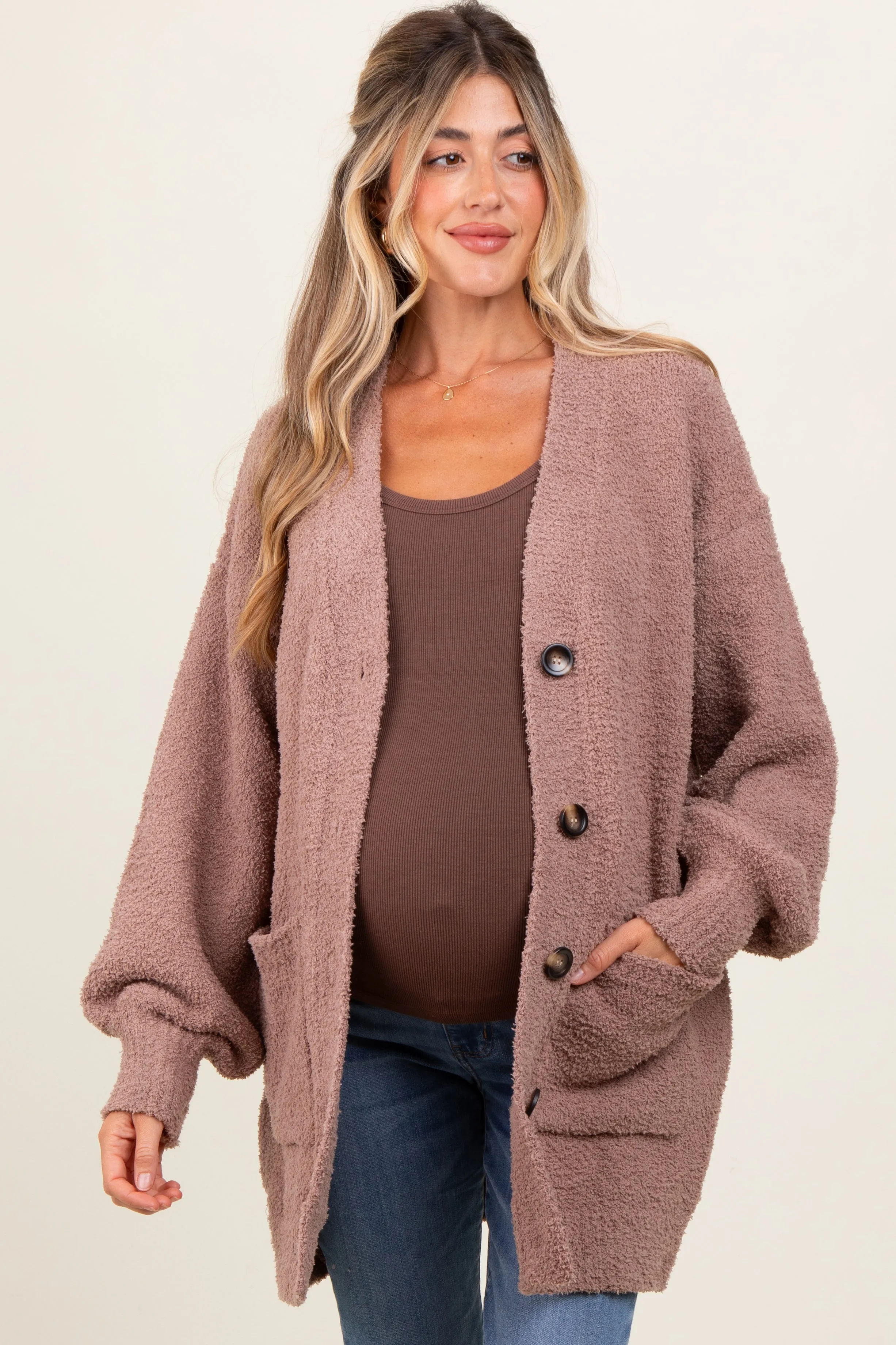 Taupe Fuzzy Knit Oversized Button Up Maternity Cardigan