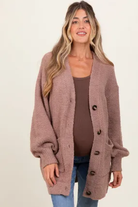 Taupe Fuzzy Knit Oversized Button Up Maternity Cardigan