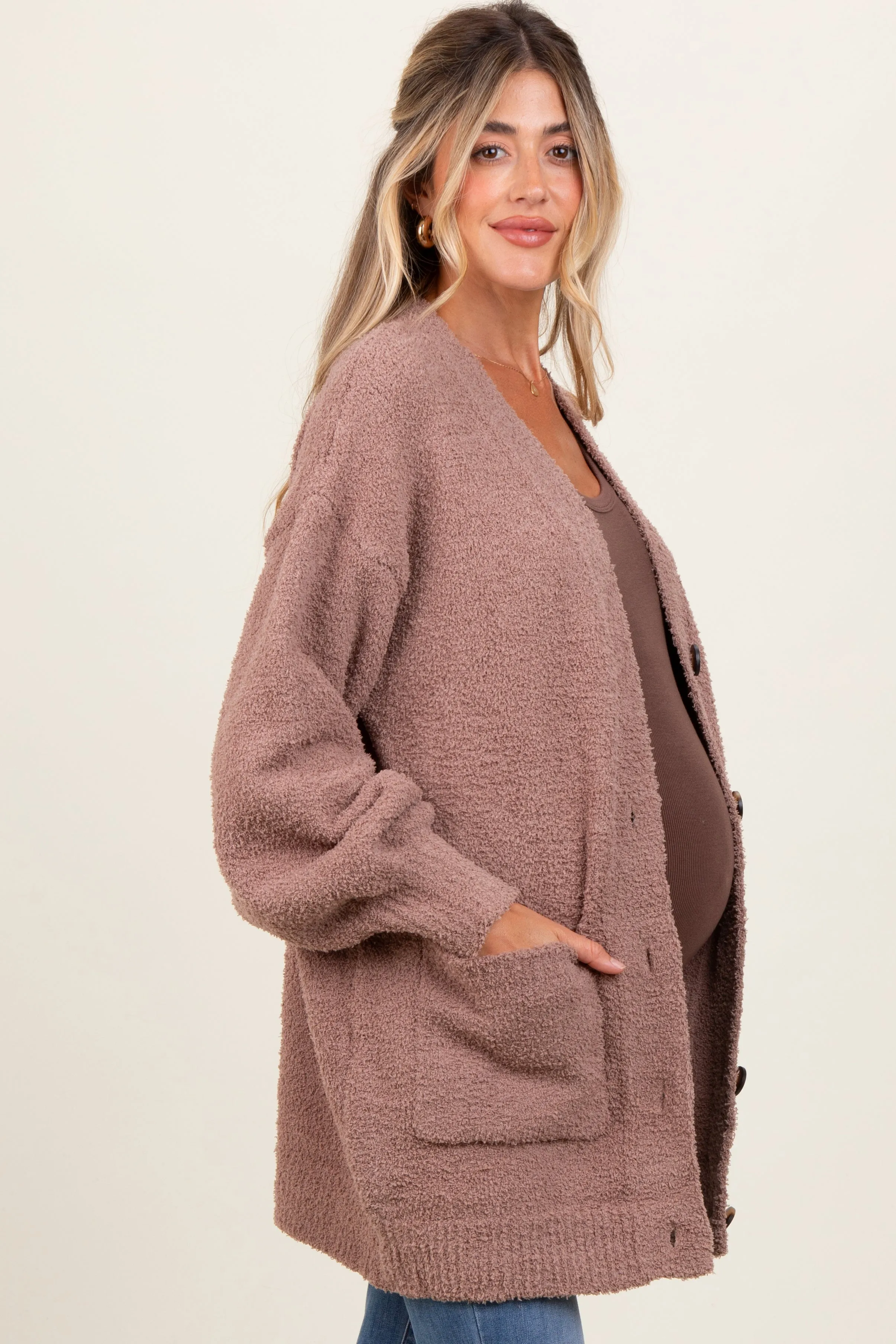 Taupe Fuzzy Knit Oversized Button Up Maternity Cardigan