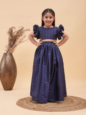 VASTRAMAY Girl's Navy Blue Woven Design Booti Crop Top And Long Skirt Set