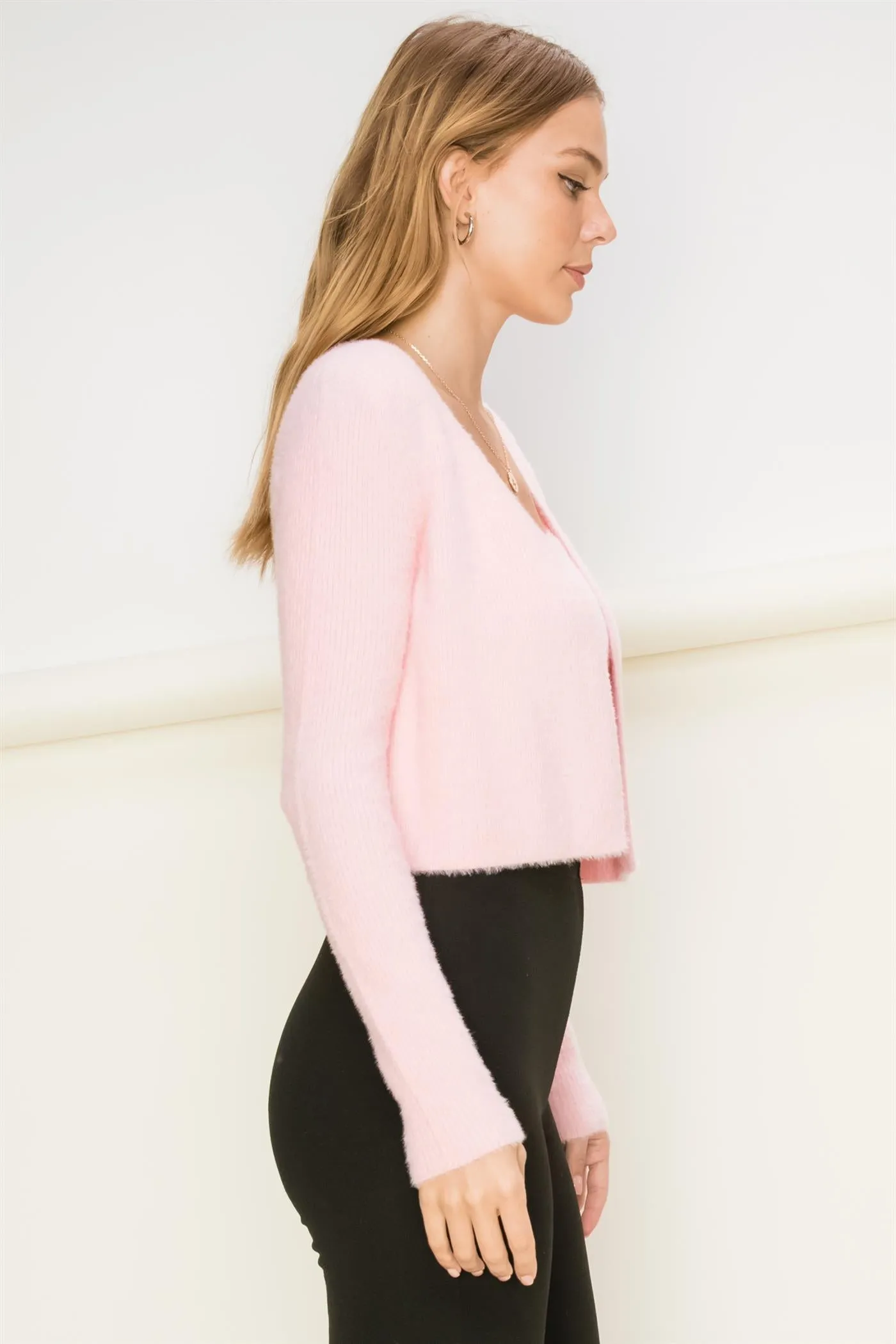 Vierra Fuzzy Sweater Crop Cami & Cardigan Top Set - Pink