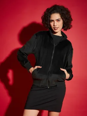 Women Black Velour Zipper Jacket