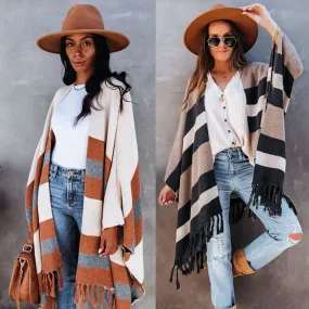 Women's Coat Long Sleeve Sweaters & Cardigans Tassel Rib-knit Vintage Style Vacation Stripe