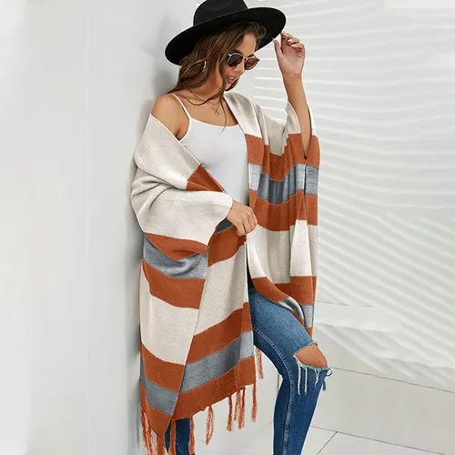 Women's Coat Long Sleeve Sweaters & Cardigans Tassel Rib-knit Vintage Style Vacation Stripe