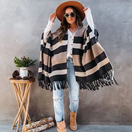 Women's Coat Long Sleeve Sweaters & Cardigans Tassel Rib-knit Vintage Style Vacation Stripe