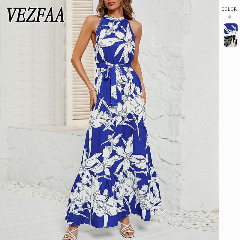 Women's Fashion Summer Spring Flower Pattern Print Sleeveless O-Neck Middle Waistline Casual Dresses XL S4977998