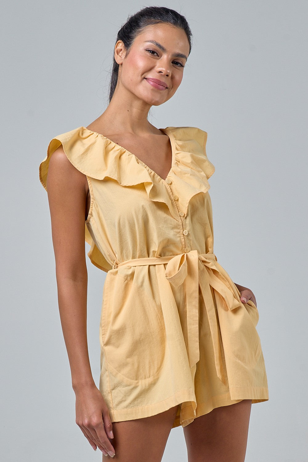 Yellow Ruffle Tie Waist Romper